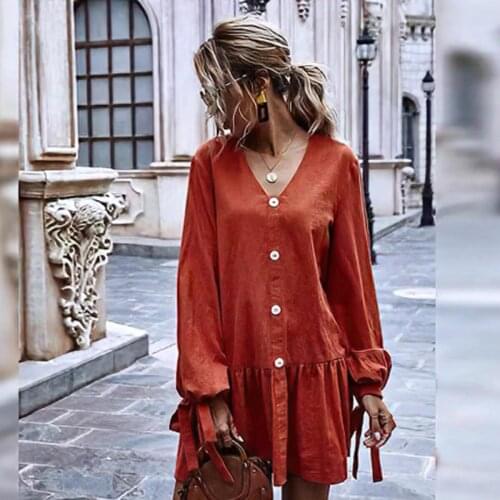 Jastie 2021 French Retro Summer Womens Mini Dress Orange V-Neck Long Sleeve Single-Breasted Ruffle Hem Loose Dresses