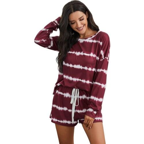 Autumn Womens Dye Printed Short Pajamas Set Long Sleeve Tops Casual Loungewear Nightwear Loose Sleepwear Suit