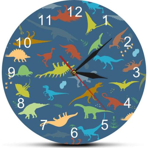 Colorful Dinosaur With Arabic Numbers Custom Name Modern Printed Wall Clock Nursery Kids Room Decorative Clock Wall Watch