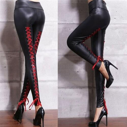 Fashion Back Lace-Up Women High Waist Faux Leather Pencil Leggings Stretchy Bandage Hollowed Out Pants