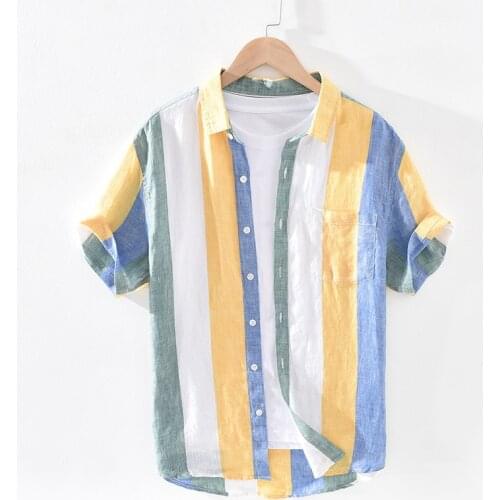 Men Summer Fashion Japan Style Bright Color Striped Short Sleeve Single Breasted Shirts Male Casual Pure Linen High Quality Top