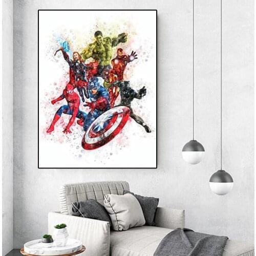 Marvel Avengers Wall Art Canvas Print Painting Cartoon Watercolor Posters and Prints Superhero Posters Kids Room Wall Decor