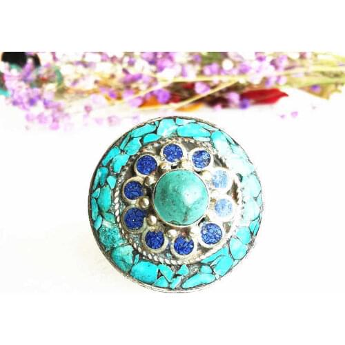 Nepal Vintage Rings for Man White Metal Copper inlaid Stone Big Flower Ring R223