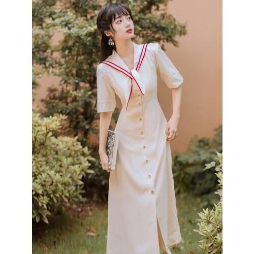 2021 Summer New Womens Dress College Navy Style Girl White Mid-Length Dress Bohemian Beach Mid-Sleeve Casual Temperament Dress