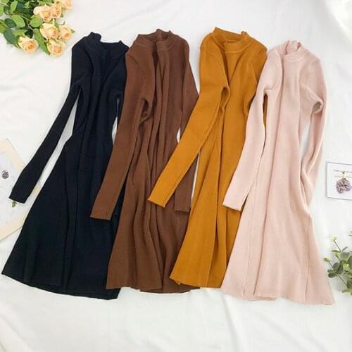 New Knitted Dress Sweater Autumn 2019 Solid Long Sleeve Casual Elegant Mini Winter O-neck Dresses Women