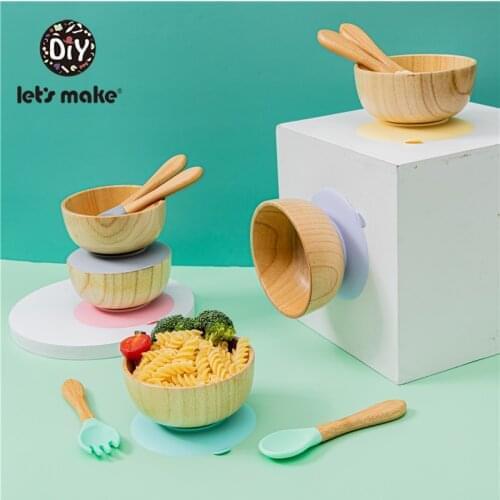 Lets Make Suction Cup Baby Bowl Tableware Kids Wooden Training Plate Silicone Suction Cup Removable Childrens Dishes Goods