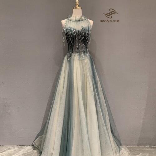 Luxury High Split Tulle Sweep Evening Dresses 2021 Beading Formal Gown A-Line Backless Dress Luscious Delia
