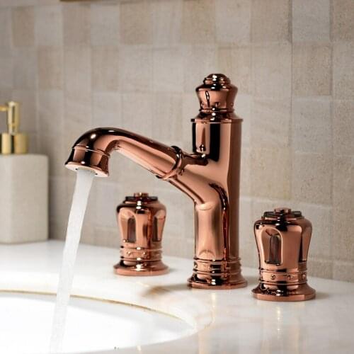 Rose gold Brass Bathroom sink faucet Three hole Two handle basin faucet cold hot water mixer Pull out faucet Top Quality