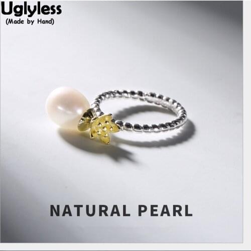Uglyless Real Solid 925 Sterling Silver Nature Freshwater Pearl Dangle Rings for Women Gold Plated Flower Open Ring Female Jewel