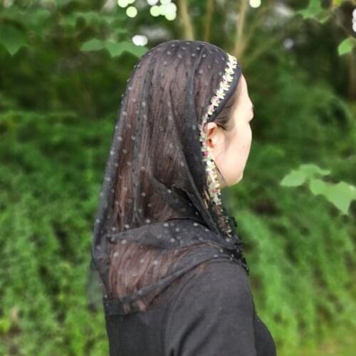 Embroidered Scarf for Church lace Headband Embellished Bandana Tassel Shawl Floral Women Wrap Mantilla with Hair band