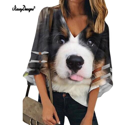 NOISYDESIGNS Funny Women Puppy Print Blouse Shirt Female Tops Loose Sleeve Casual V-neck 3D Bernese Mountain Dog Blouses