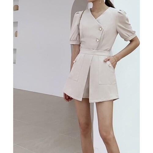 Office Lady Shorts Sets Summer Two Piece Set Women Short Puff Sleeve Tops and High Waist Short Pant Suits OL 2 Piece Outfits