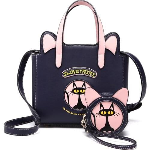 Women Bags Leather Patchwork Embroidery Handbags Girl Cross Body Messenger Bag Female Totes Braccialini Style Cartoon Skinny Cat