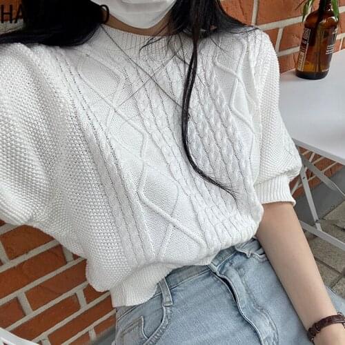 Harajpoo Women Sweaters Korean Chic Summer Autumn Round Neck Pullover Diamond Hemp Pattern Casual Puff Sleeve Knit Cropped Tops