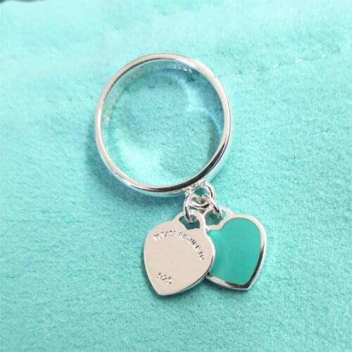 Ladies S925 Sterling Silver Classic Cyan Pink Double Heart-shaped Silver Ring Jewelry Couple Holiday Anniversary Gift