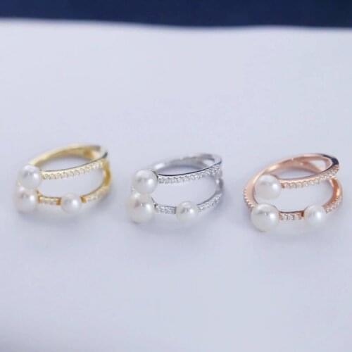 SOELLE Fashion Real 925 Sterling Silver 3 Natural Pearls Line Finger Ring Micro Zirconia Stones Women Brand Fine Party Jewelry