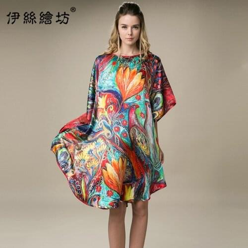 Blue Peacock Floral Silk Satin Sleeping Dresses Women 2021 Summer Long Casual Sexy Office Work Daily Dress Plus Size Loose