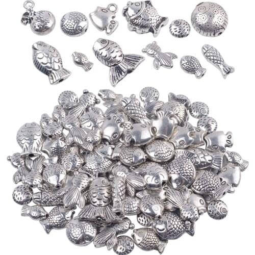 100 Gram(About 70-90pcs) Antique Tibetan Silver Alloy Fish Beads Charm Bead Spacers for Bracelet Necklace Jewelry Making