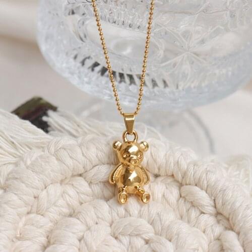 2021 Girly Cute Three Dimensional Bear Glossy Pendant Sweater Chain Long Necklace Female Titanium Steel Girlfriend Gift Jewelry