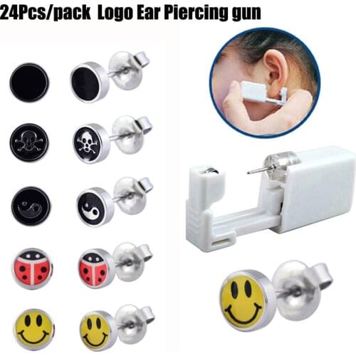 24pc Disposable Safe No Pain Sterile Logo Ear Stud Earring Stude Piercing Gun Piercer Tool Kit Machine Kit Earring Units Jewelry