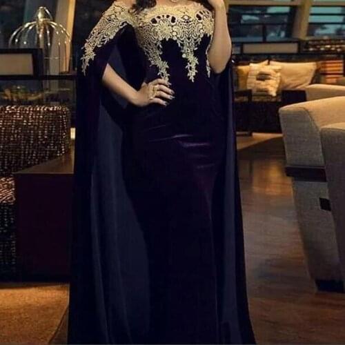 Velvet Evening Dress Mermaid Appliques Cape Sleeve caftan Formal African Muslim Arabic Morocco Kaftan Prom Party Gown