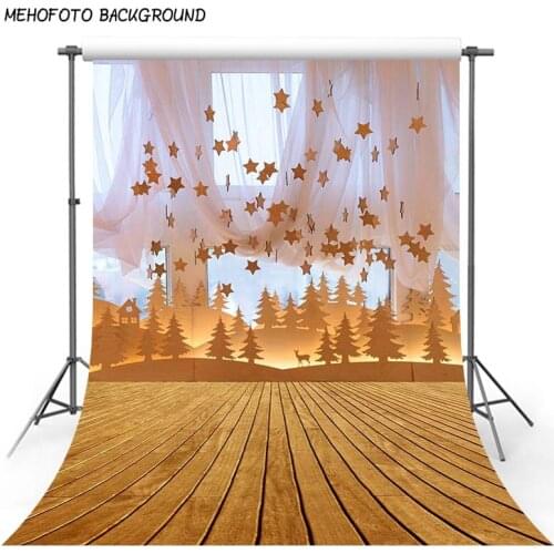 Glitter Gold Stars White Curtains Photography Background Baby 5x7 Dark Wooden Floor Photography Backdrop Forest for Newborn Prop