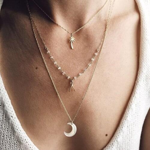 Bohemian Multi-layer Gold Pendant Necklace Creative Coconut Moon Geometric Pendant Accessories Charming Long clavicle chain