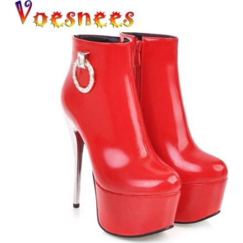 Voesnees Waterproof Platform Womens Shoes Patent Leather Short Boots Thin Heels Super High Heels 14cm Side Zipper Martin boots
