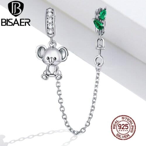 BISAER Cute Koala Safety Chain 925 Sterling Silver Animal Silicone Charms CZ Bead DIY Bracelets Bangle Fashion Jewelry ECC1523