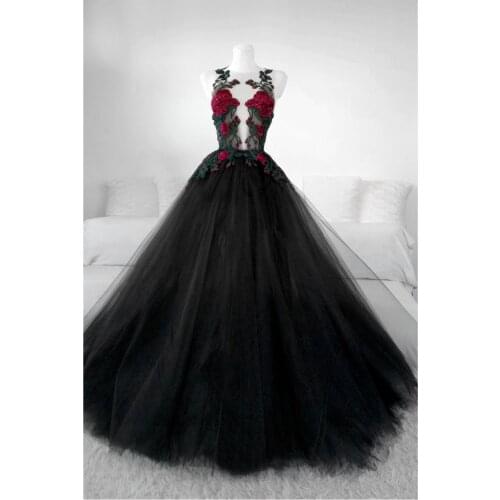 Black Tulle Embroidery Flowers Prom Dresses 2020 Sheer Neck Backless Formal Evening Party Ball Gown Dress Robe De Soiree