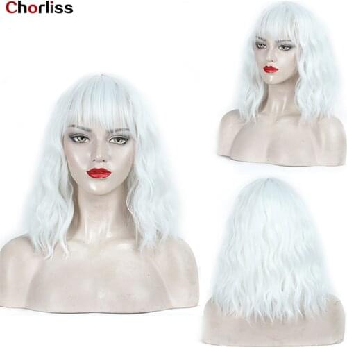 Chorliss Wigs Short Synthetic Wigs With Bangs Pink Blue Water Wave Hair Wigs Fashion Party Cosplay Heat Resistant Fiber Hair Wig