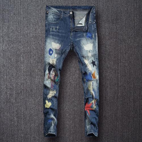 European American Street Fashion Men Jeans Elastic Slim Fit Ripped Jeans Men Embroidery Patch Designer Hip Hop Denim Punk Pants