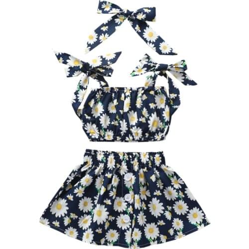 FOCUSNORM Summer Lovely Kids Girls Clothes Sets 0-5Y Sunflowers Printed Off Shoulder Strapless Tops A-Line Skirts Headband