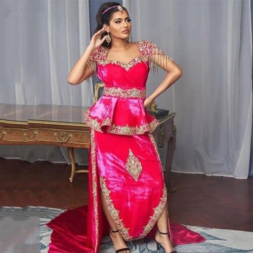 Fuchsia Moroccan Kaftan Caftan Muslim Evening Dresses A-line Sweetheart Appliques Dubai Arabic Turkey Abaya Islamic Evening Gown