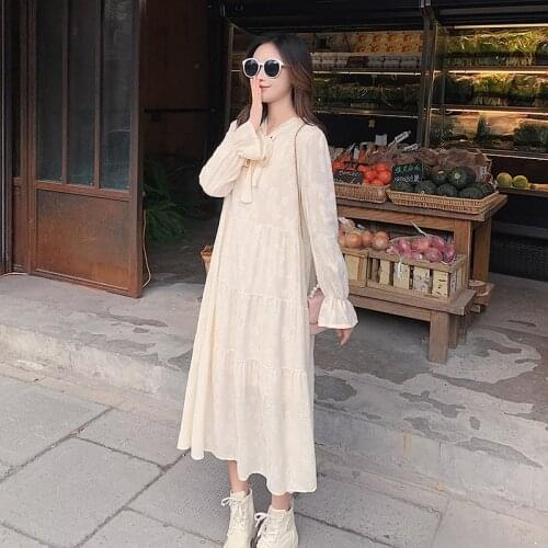 Pregnant Women Cotton Jacquard Dress Flare Long Sleeve Bow Collar Sweet Maternity Dress Ruffles Patchwork Pregnancy Maxi Dresses
