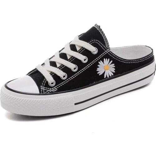 Flower Fashion Women Canvas Shoes Lace Up Round Toe Women Flat Casual Shoes Shallow Rubber Ladies Casual Sneakers