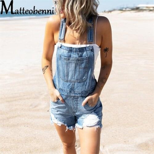 Fashion Casual Ripped Hole Denim Overalls Women Summer Jumpsuits Ladies Denim Rompers Playsuit Salopette Straps Shorts Rompers