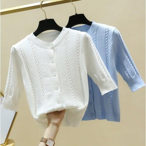 Harteen Spring Autumn o Neck Fashionable Short Sleeve Thin Knit Sweater v-Neck Top Women Basic Cardigan Camisetas De Mujer