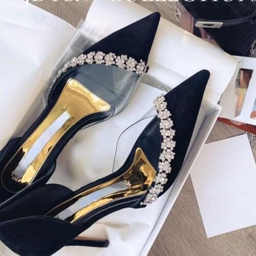 New 2021 Autumn European and American Fairy Rhinestone Pointed Toe Stiletto Transparent Low-Cut High Heels Pumps