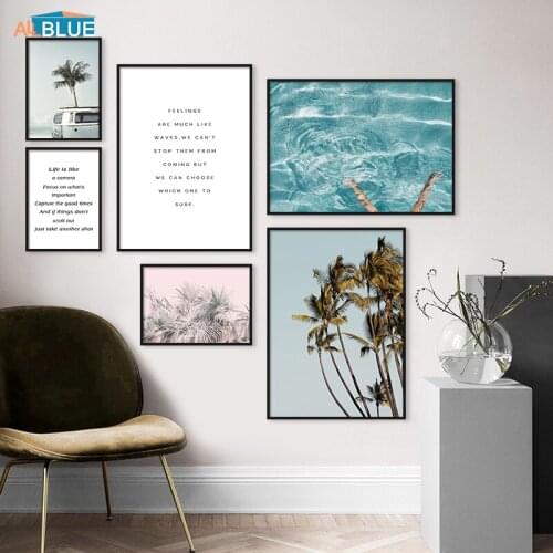 Poster Nordic Pink Tropical Plants Ocean Waves Nature Wall Art Canvas Posters and Prints Bus Decorative Pictures For Living Room