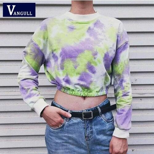 Vangull Casual Round Neck 2021 Spring And Autumn New Tie-dye Printing Long-sleeved Pullover Navel Women Fit T-shirt
