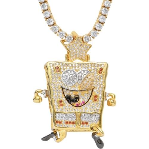 Rhinestone Men Necklace Ice Out Cubic Zircon Hip Hop Cartoon Anime Pendant Gold Color Charm Chain Jewelry