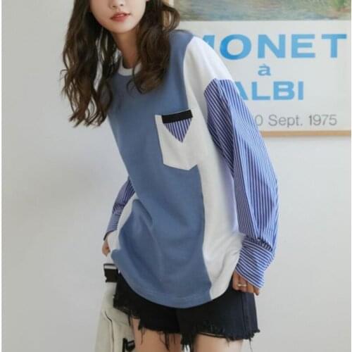 Korean Streetwear Women Sweatshirt Blue Patchwork Hoodies Pullover Crewneck Sweatshirt Kpop Clothes Autumn Spring C495