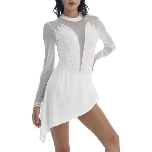 Adult Rhinestone Figure Skating Dress Dancewear Ballet Leotard Gymnastic Stage Performance Costume Long Sleeve Mesh Splice Dress