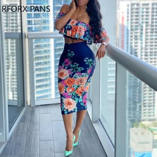 Women Clothes Off Shoulder Floral Print Ruffles Top & Skirt Set Casual Look for Women 2021