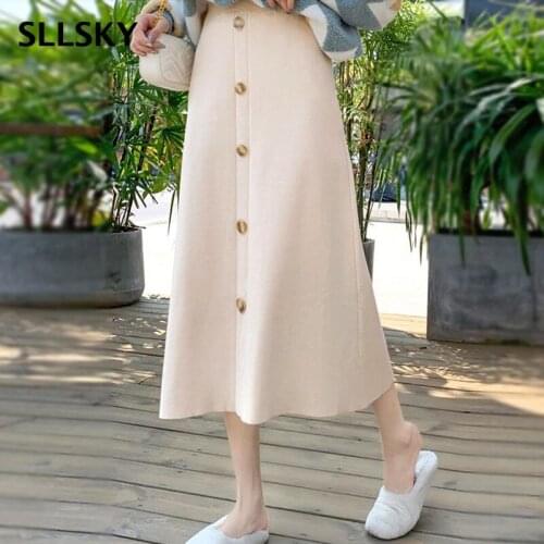 SLLSKY Elastic Waist Knitted Skirt Women Korean Version Spring Autumn New Slim A-Line Skirt Mid-Calf Female Party Sweater Skirt