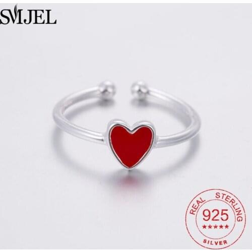 SMJEL Solid 925 Sterling Silver Love Heart Rings Adjustable Women Accessories Wedding Engagement Rings Jewelry female