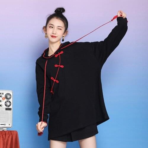 Harakuju Women Hooded Sweatshirts Fall Long Sleeve Cute Dress Japanese Femme Chinese Style Cheongsam Top New Year Hoodies 11563