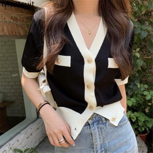 Summer Vintage Color-blocked Knitted Cardigan Women Short Sleeve V-neck Single Breasted Knitwear Sweater Korean Vintage Jumpers