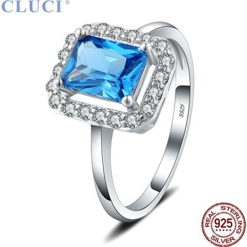 CLUCI Elegant 100% Real 925 Sterling Silver White Blue Square Cubic Zircon Engagement Finger Rings for Women DR1049SB